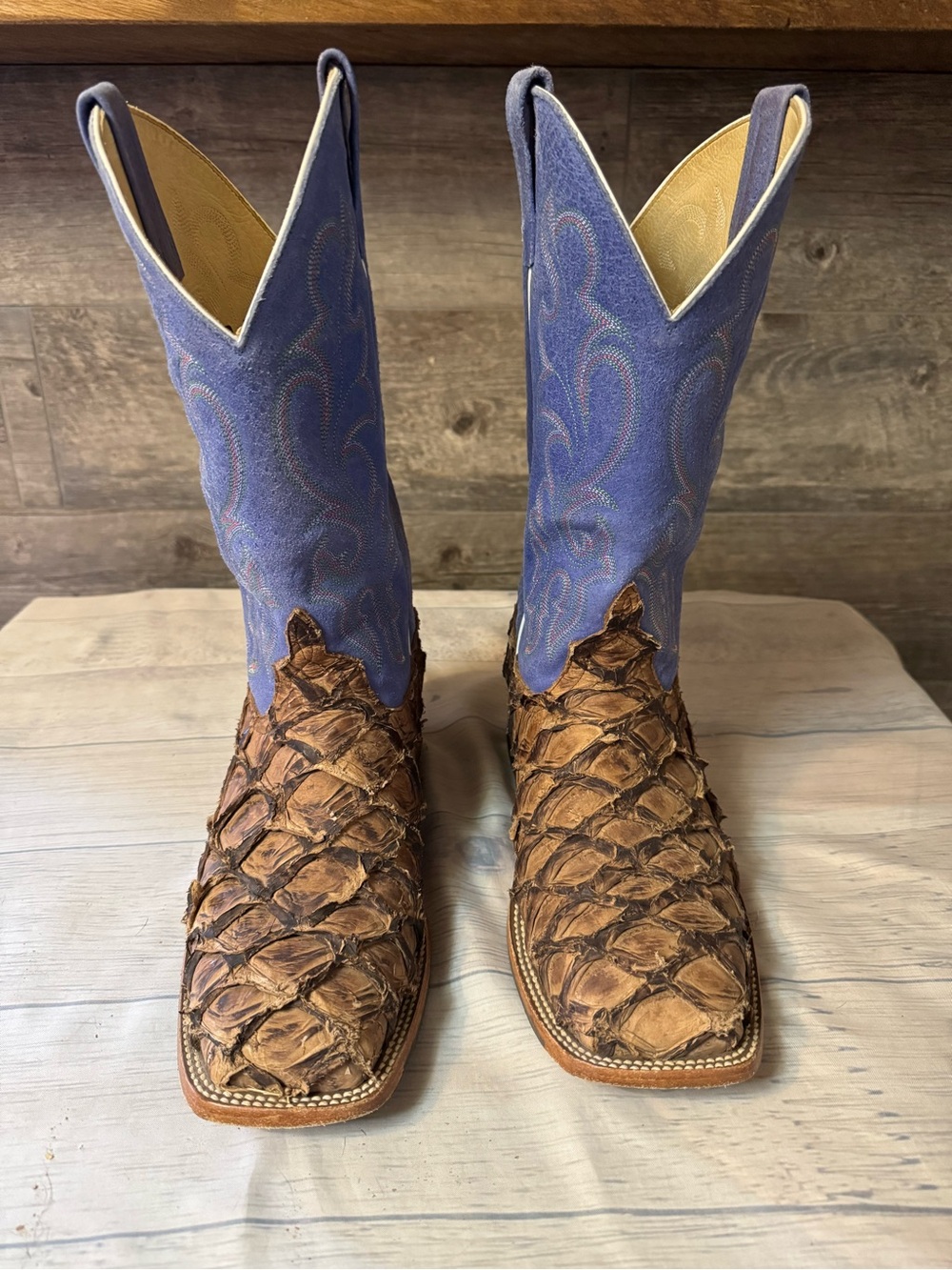 Exotic Brown Fish-Scale Toe Cowboy Boots with Purple Shaft